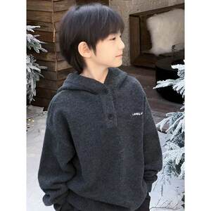 
Children's Korean sweater 2025 boys' letter embroidered sweater autumn and winter new hooded pullover sweater