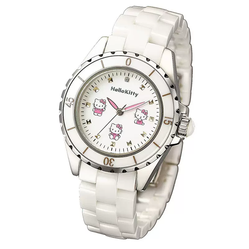 日本製HELLO KITTY 35週年紀念陶瓷鑽飾女錶石英機芯白色手錶