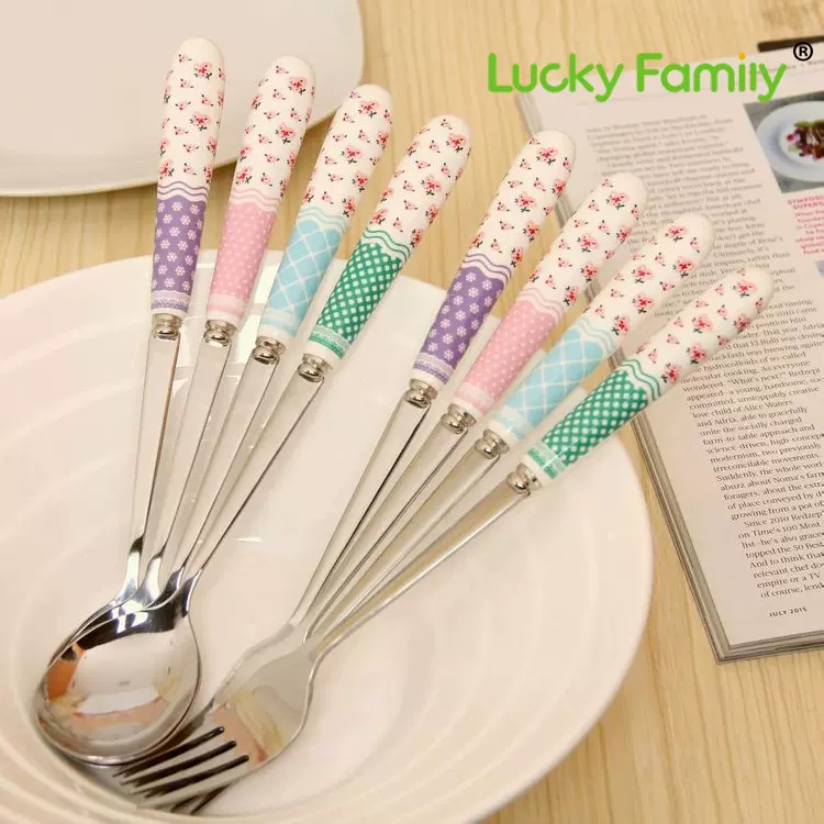 可爱日韩风田园玫瑰碎花不锈钢长柄勺叉子调羹汤勺