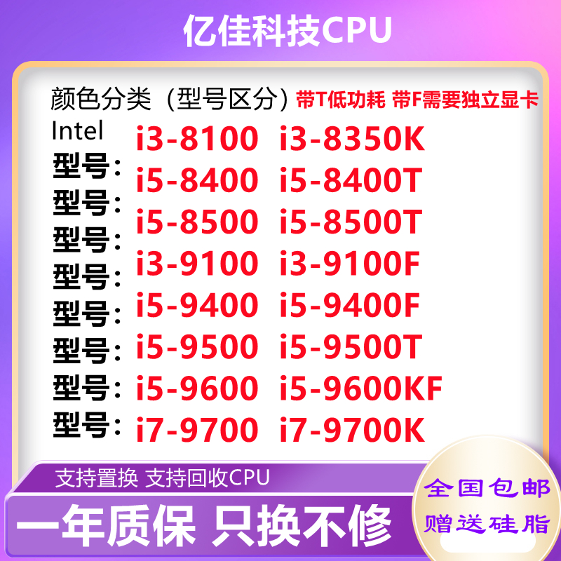 I3-9100F 8100 I5 8400T 8500 9400F 9500 9600KF 9700K Ȱ CPU-