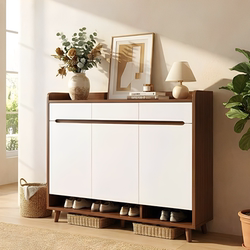 Solid Wood Core Shoe Cabinet for Home Entrance, Large Capacity, Multi-Layer, Mid-Century Style, Entryway Storage Cabinet, Wall-Mounted Integrated Shoe Rack