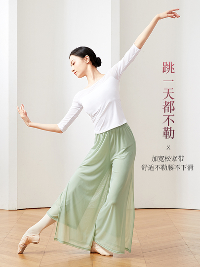 Women's Double Layer Chiffon Pants With Side Slits - Loose Fit Dance & Performance Pants