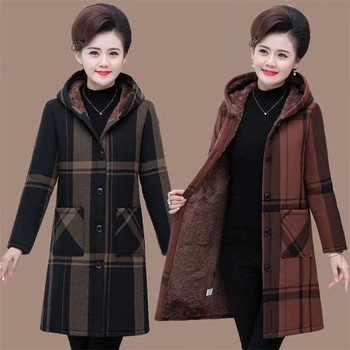 
Mom's velvet trench coat for women's mid-length 2024 autumn and winter new style middle-aged and elderly casual hooded thickened cotton coat