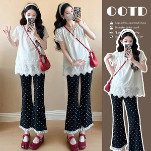 
Maternity suit summer double-layer lace top + polka dot flared pants age-reducing thin summer two-piece suit for pregnant women