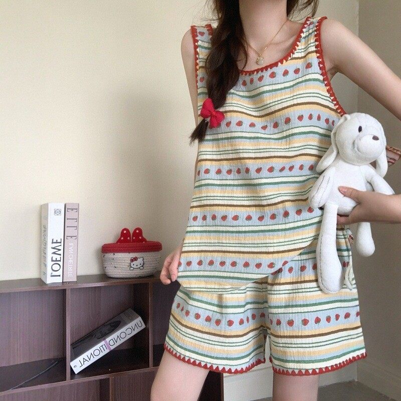 Корейская двухслойная хлопково-марлевая пижама в полоску с сладкой клубникой — женская летняя жилетка, шорты, домашняя одежда
