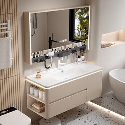 Rounded Corner Ceramic Integrated Basin Bathroom Cabinet Wall-Mounted Cream-Style Smart Bathroom Washbasin Cabinet Set