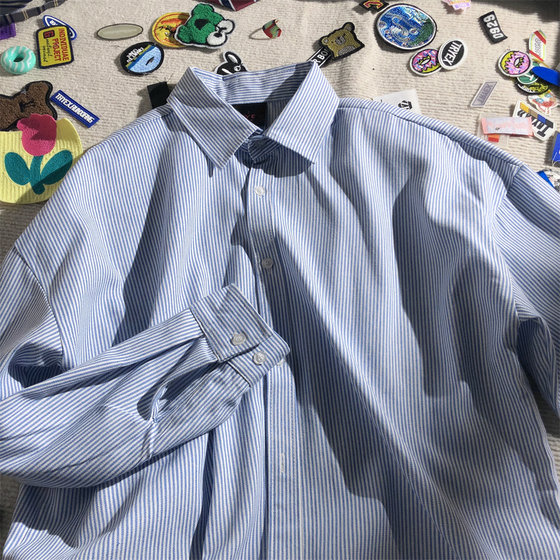 
Spring and Autumn Blue Striped Denim Shirt Design High-end Boy Blue Jacket Women Men's Same Shirt Men