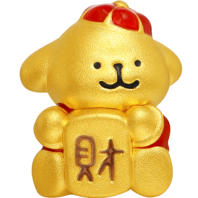 潮宏基线条小狗福气满满足金串珠黄金转运珠5D硬金