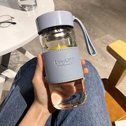 Korean-Style Fresh Heat-Resistant Glass Cup for Women with a Portable Strap, Tea Infuser, Flower Tea Cup, Simple Business Water Cup for Men