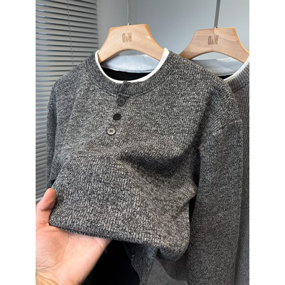
Fake two-piece sweatshirt men's velvet thickened winter new youth Henry collar knitted sweater men's casual inner wear trend