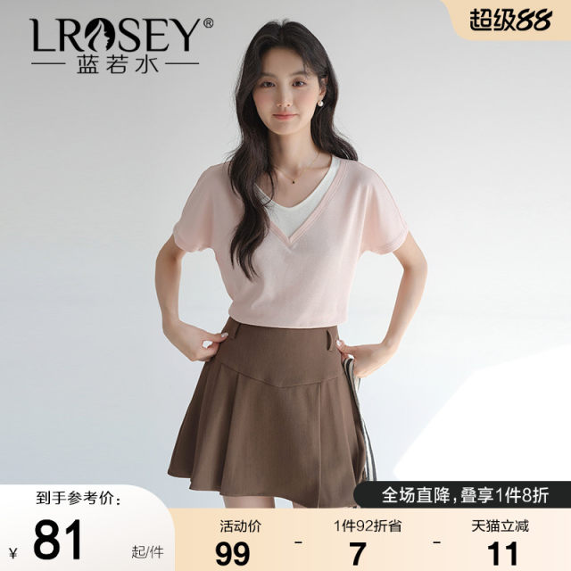 Lan Ruoshui's large-size women's clothing splicing fake two-piece V-neck T-shirt 2025 summer new fat MM huge slim and sweet top