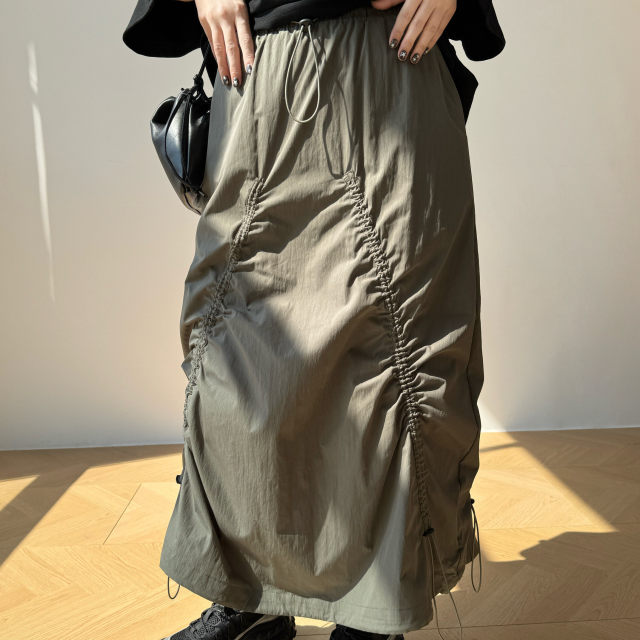 ManMans military green Japanese retro drawstring work skirt for women in spring new street A-line long skirt