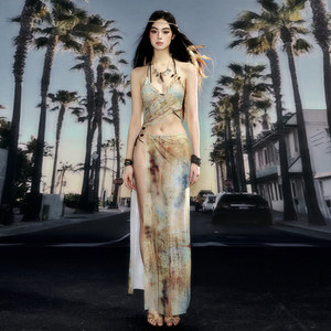 Rocayi's new high-end shell long skirt makes you look slim and sexy hot spring vacation desert bikini split swimsuit women
