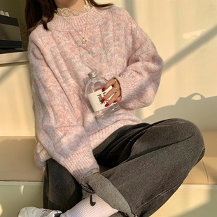 日系慵懒风粉色针织毛衣