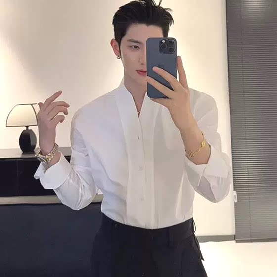 
Naples v-neck shirt men's British yuppie style long-sleeved suit with no-iron shirt ice silk modal