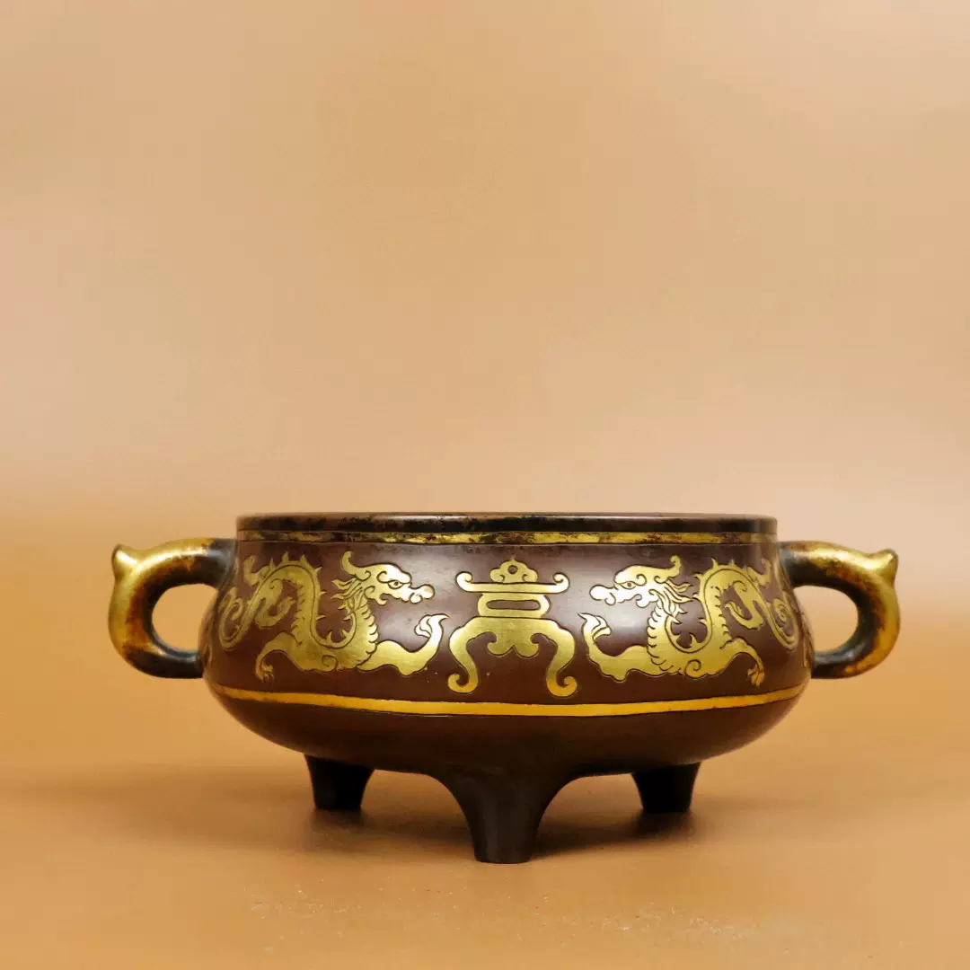 独特收藏纯紫铜大明崇祯年制款雕花鎏金双龙捧寿双鱼