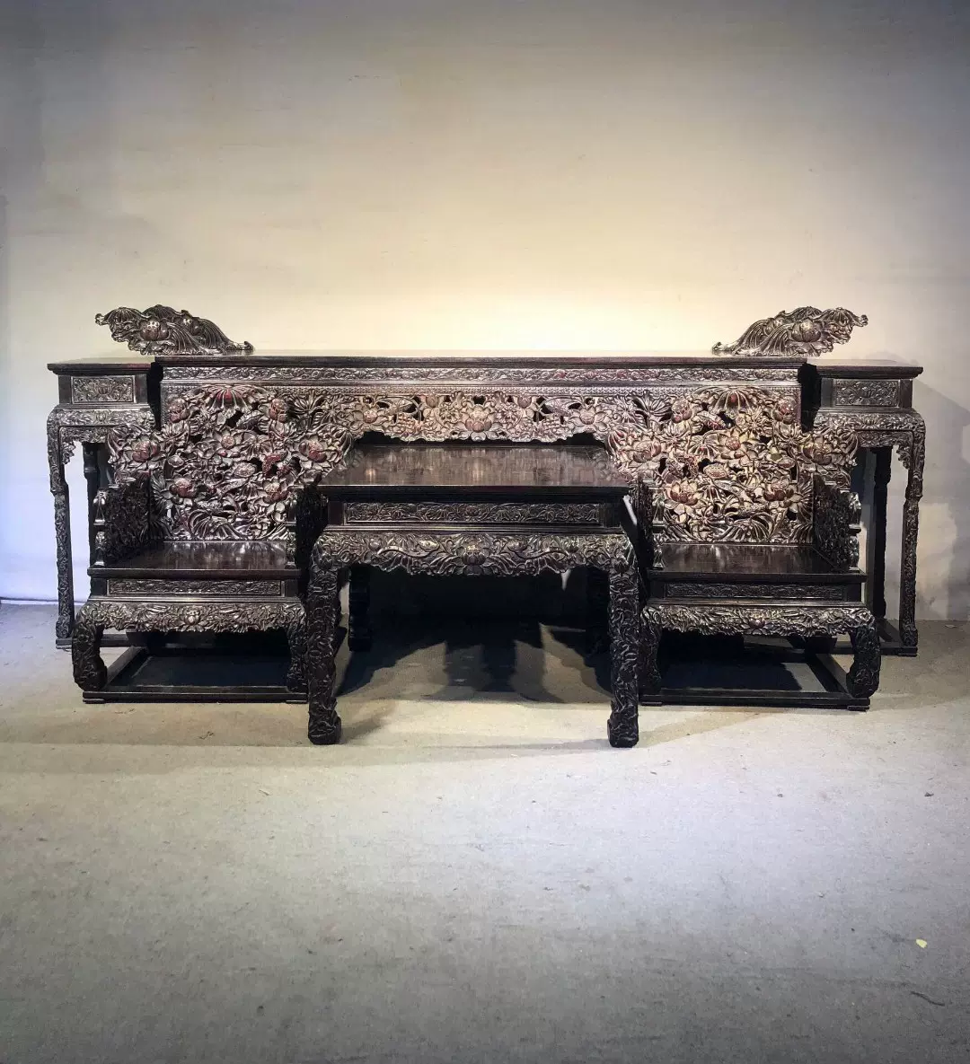 独特收藏老件紫檀木雕细工浮雕富贵满堂荷花纹中堂六件