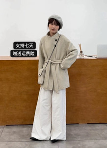 
2026 early spring stand-up collar double-sided wool coat with lace-up slimming and small bag woolen coat short style