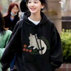 Pure Cotton Song Jia Celebrity-Style Black Hooded Sweatshirt for Women, Autumn and Winter Korean Style, Lazy and Sophisticated Outfit