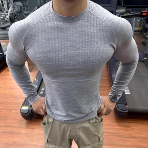 
Seamless jacquard fitness long-sleeved T-shirt sports outdoor men's slim quick-drying elastic training base top round collar