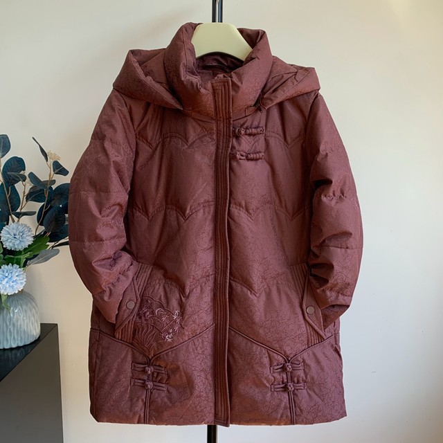 Winter loose large size down jacket for middle-aged and elderly mothers solid color hooded zipper mid-length grandma coat