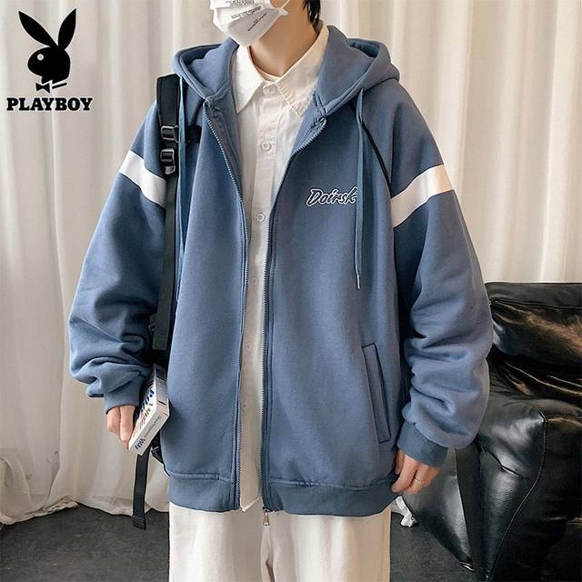 Playboy cardigan sweatshirt men's autumn and winter hooded black ...