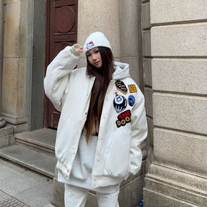 
BCRA American high street black 8 towel embroidered cotton jacket men and women winter thickened loose couple baseball jacket jacket