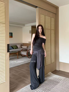 Liu-Liu dark irregular pleated design casual pants (laces are not removable) sports pants 26170-1