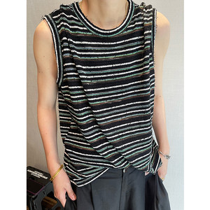 
dannyandzee summer versatile mixed color fitting style color striped round neck sweat vest men's sleeveless T-shirt couple
