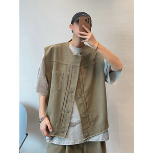 
dannyandzee summer retro versatile heavy washing army green breasted collarless work vest vest men's INS