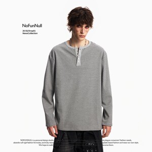 
NOFUNNULL American retro striped Henry collar long-sleeved T-shirt men's spring loose lazy relaxed bottoming shirt