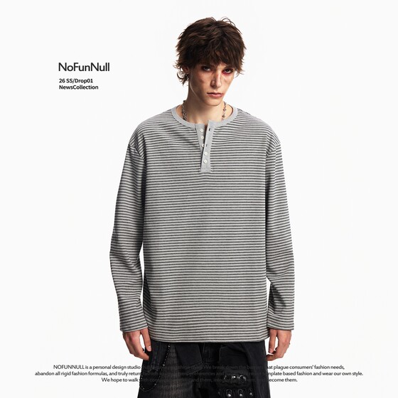 
NOFUNNULL American retro striped Henry collar long-sleeved T-shirt men's spring loose lazy relaxed bottoming shirt