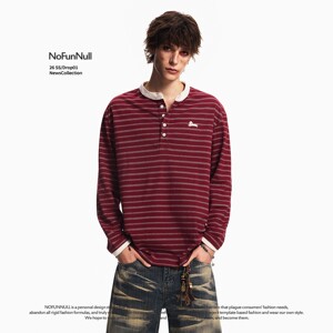 
NOFUNNULL Henry collar striped long-sleeved T-shirt for men and women in spring retro contrast color stitching puppy embroidered bottoming shirt