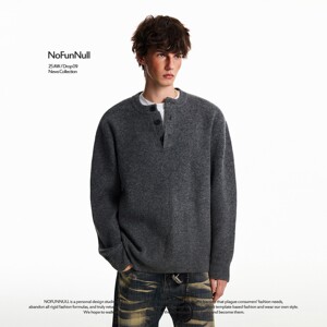 
NOFUNNULL American Henley collar buttoned wool sweater for men autumn and winter loose round neck heavy knitted sweater top