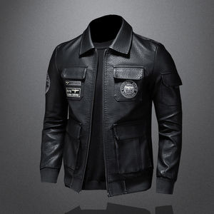 2025 Spring and Autumn New Military Style Pilot Leather Jacket Men's Large Size Slim Lapel Embroidered Men's Leather Jacket