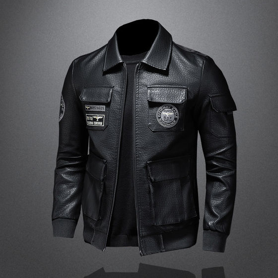 2025 Spring and Autumn New Military Style Pilot Leather Jacket Men's Large Size Slim Lapel Embroidered Men's Leather Jacket