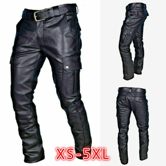 Give belt British trendy personality big pockets, slim leather pants men's oversized muscle men's leisure pants