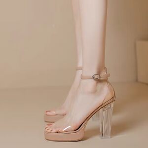 
Waterproof platform transparent one-strip fashion sandals for women 2024 summer new spring Dadong genuine leather crystal thick heels shoes
