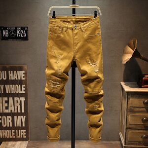 
Autumn and winter high-end personalized splicing hole patch casual jeans slim feet elastic ginger high-quality goods versatile