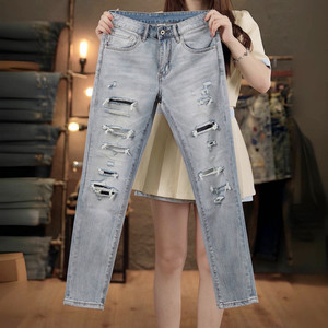 
Autumn and winter European and American high-end jeans for men with personality ripped holes and whiskers, slim fit, elastic, trendy, light blue, nostalgic