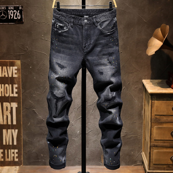 Autumn and winter original American high-end hole-splashed patch black jeans men's slim fit small feet elastic trendy casual