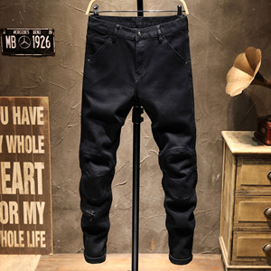 
Autumn and winter European and American high-end fashion brand black spliced zipper motorcycle style jeans for men with slim feet and elastic personality