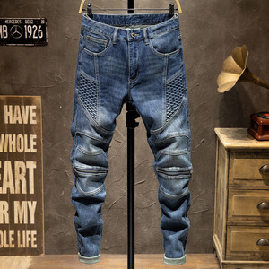 
Autumn and winter high-end spliced zipper motorcycle style jeans trousers men's slim fit elastic fashion brand versatile trend