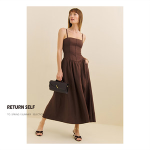 
Guiji-reformation new one-line collar cotton and linen suspender dress women's summer vacation waist long skirt
