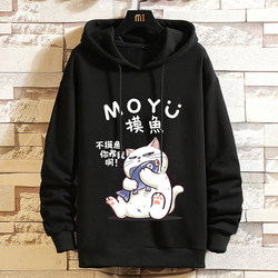 Cartoon Cat and Dog Fun Fishing and Paddling Hooded Sweatshirt with Fleece, Men's Loose Fit, Large Size, Trendy Casual Winter Clothing
