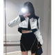 2025 spring hot girl style short motorcycle suit leather jacket contrast leather jacket women zipper skirt two-piece set
