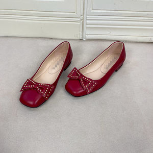 
Foreign trade original women's shoes new style genuine leather slightly flawed square toe solid color bow rivets shallow mouth comfortable low heel shoes