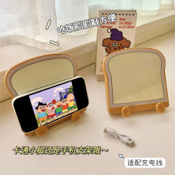 Cartoon Toast Bread Makeup Mirror for Girls' Dormitory Desktop Led Vanity Mirror with Light and Phone Holder