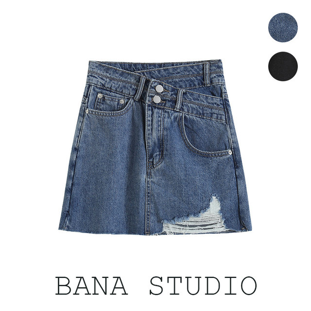 BANA foreign trade original single export asymmetric American retro high waist A-line ripped denim skirt skirt skirt skirt