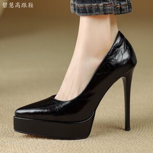 
Bihui~2026 Spring and Autumn New Product First Layer Soft Cowhide 12CM Pointed Toe Waterproof Platform Stiletto High Heel Women's Shoes